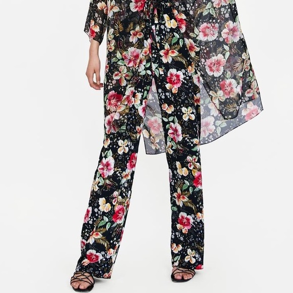 NWT ZARA WOMAN Floral Wide Straight Leg Pants - Picture 7 of 8